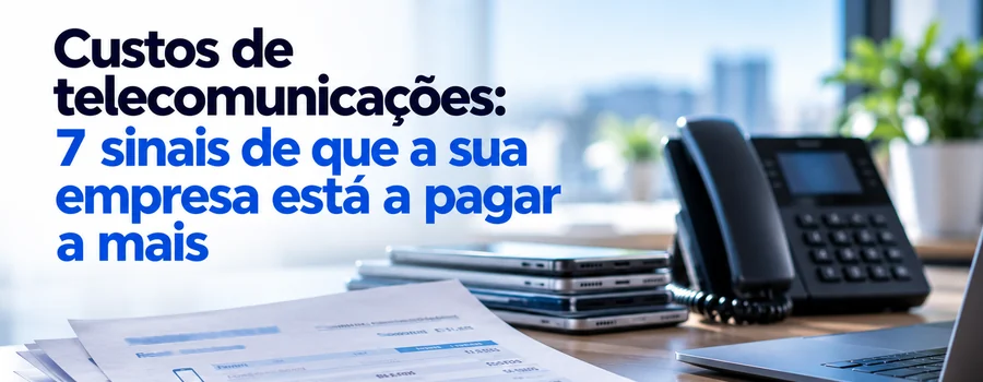 Faturas com os custos de telecomunicações da empresa numa secretária, com telemóveis, telefone fixo e portátil