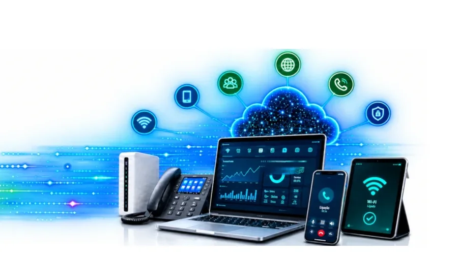 Telefone de secretária, portátil, telemóvel e tablet ligados à nuvem, com ícones de Wi-Fi, chamadas e segurança