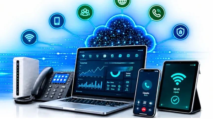 Telefone de secretária, portátil, telemóvel e tablet ligados à nuvem, com ícones de Wi-Fi, chamadas e segurança