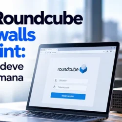 Portátil com a página de entrada do webmail Roundcube aberta, ao lado de duas firewalls Check Point