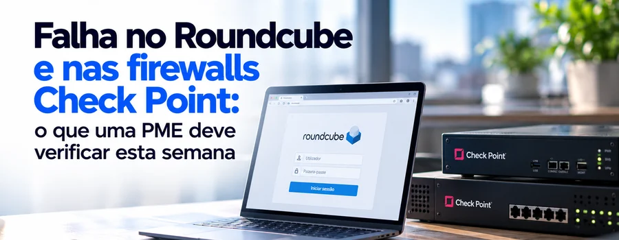 Portátil com a página de entrada do webmail Roundcube aberta, ao lado de duas firewalls Check Point