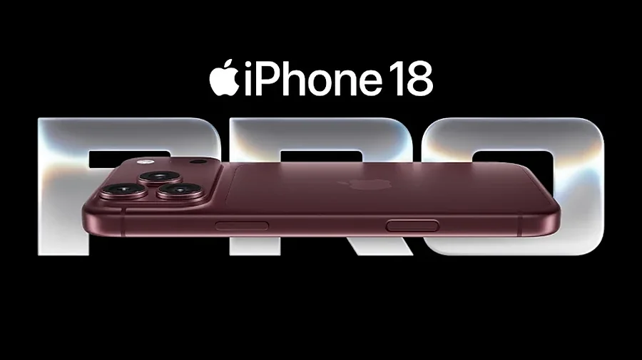 iPhone 18 Pro em bordeaux, deitado sobre o nome do modelo, em fundo escuro