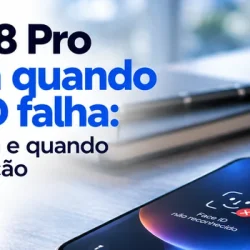 iPhone 18 Pro pousado numa secretária de escritório com a mensagem Face ID não reconhecido no ecrã