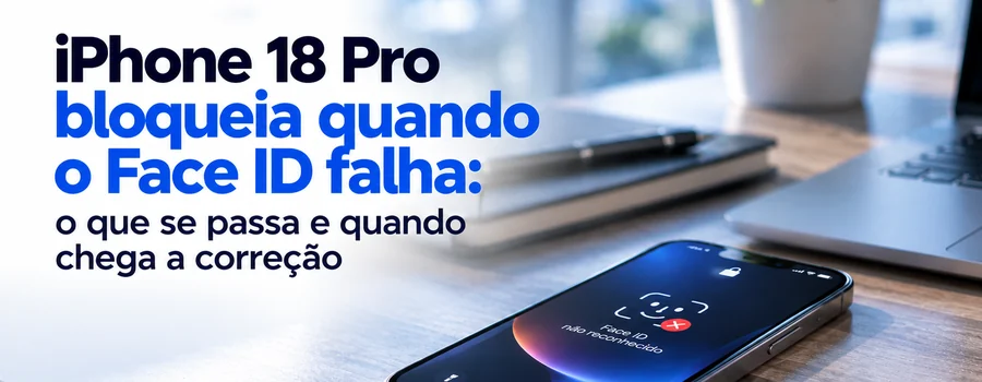 iPhone 18 Pro pousado numa secretária de escritório com a mensagem Face ID não reconhecido no ecrã