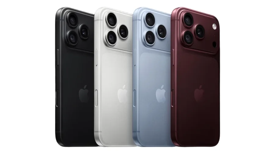 Quatro iPhone 18 Pro vistos de trás, em preto, prateado, azul e bordeaux