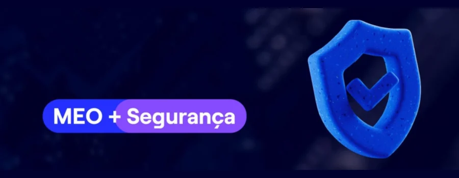 Banner da Oferta SAFE: MEO + Segurança, com um escudo azul e um sinal de confirmação sobre fundo escuro