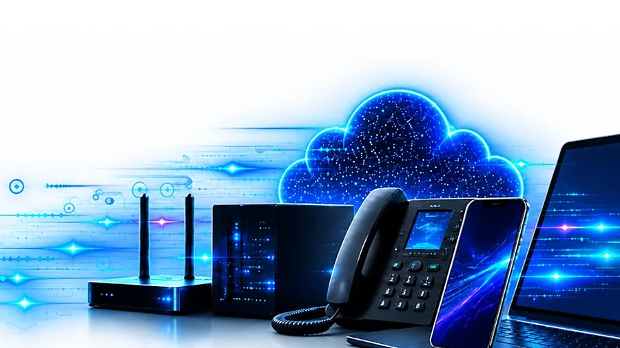 Router, servidor, telefone de secretária e telemóvel ligados à nuvem