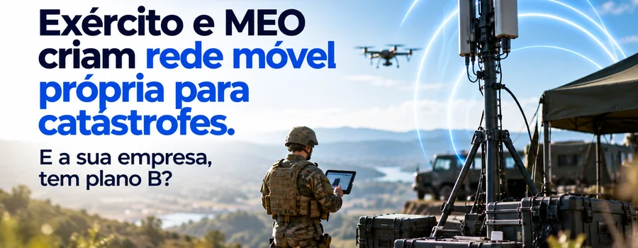 Militar com tablet junto a uma antena da rede móvel do Exército numa colina, com um drone a sobrevoar
