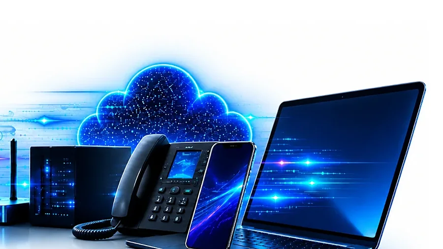 Telefone de secretária, telemóvel e portátil ligados à nuvem