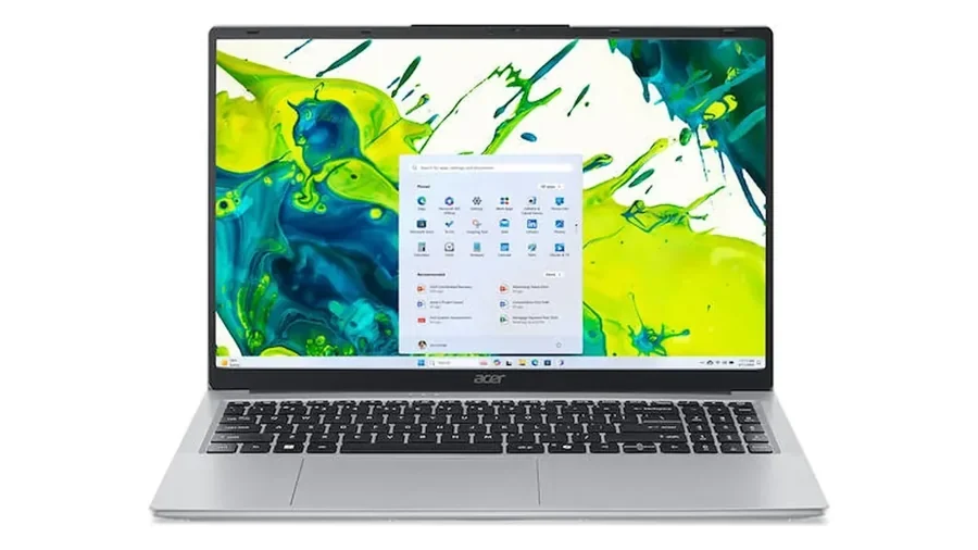 Portátil Acer Aspire Lite prateado, aberto, com o menu Iniciar do Windows 11 no ecrã