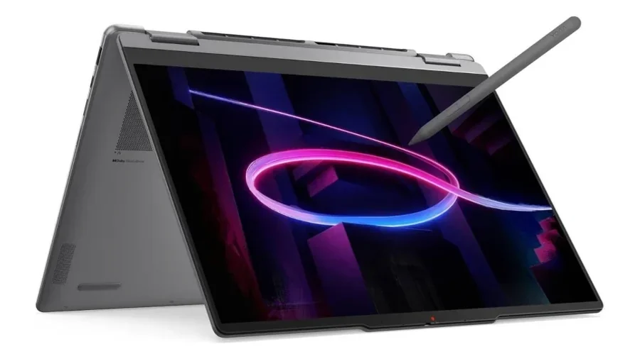 Lenovo Yoga 7 2-in-1 dobrado em modo tenda, com uma caneta digital encostada ao ecrã