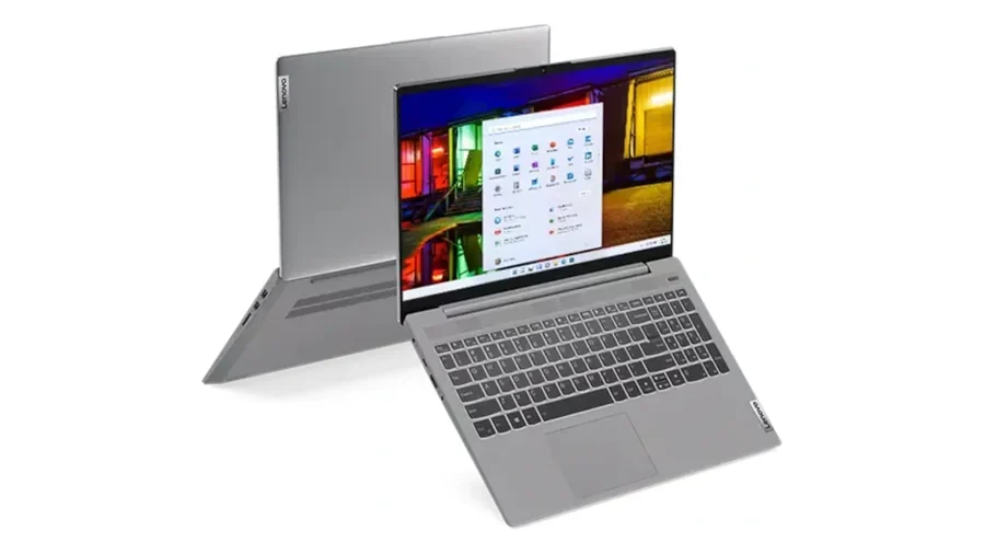 Portátil Lenovo IdeaPad 5 2-in-1 cinzento, aberto e visto de dois ângulos