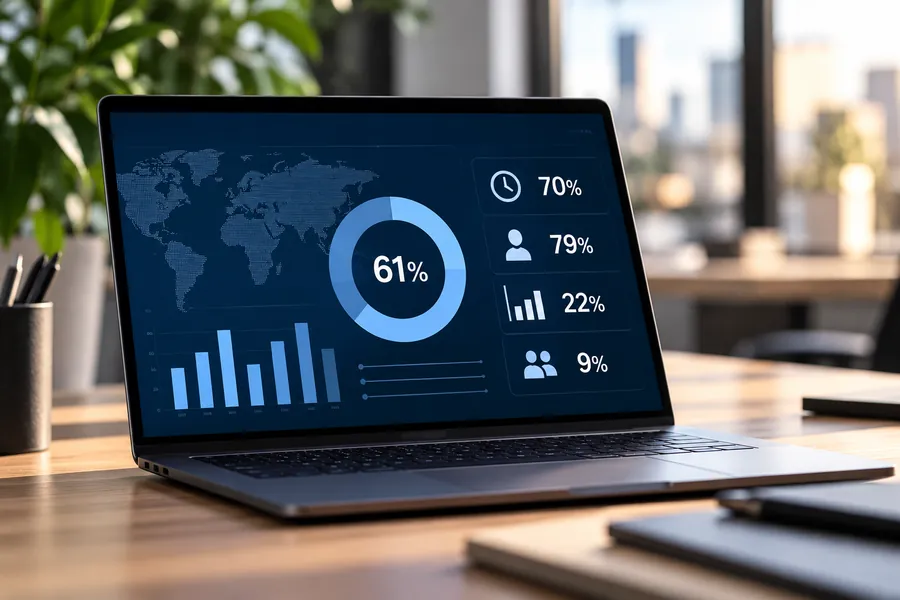 Portátil com gráficos e percentagens do estudo sobre agentes de IA nas empresas