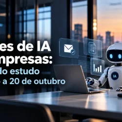 Agentes de IA nas empresas: robô de IA ao lado de um portátil com ícones de email, documento, calendário e tarefas