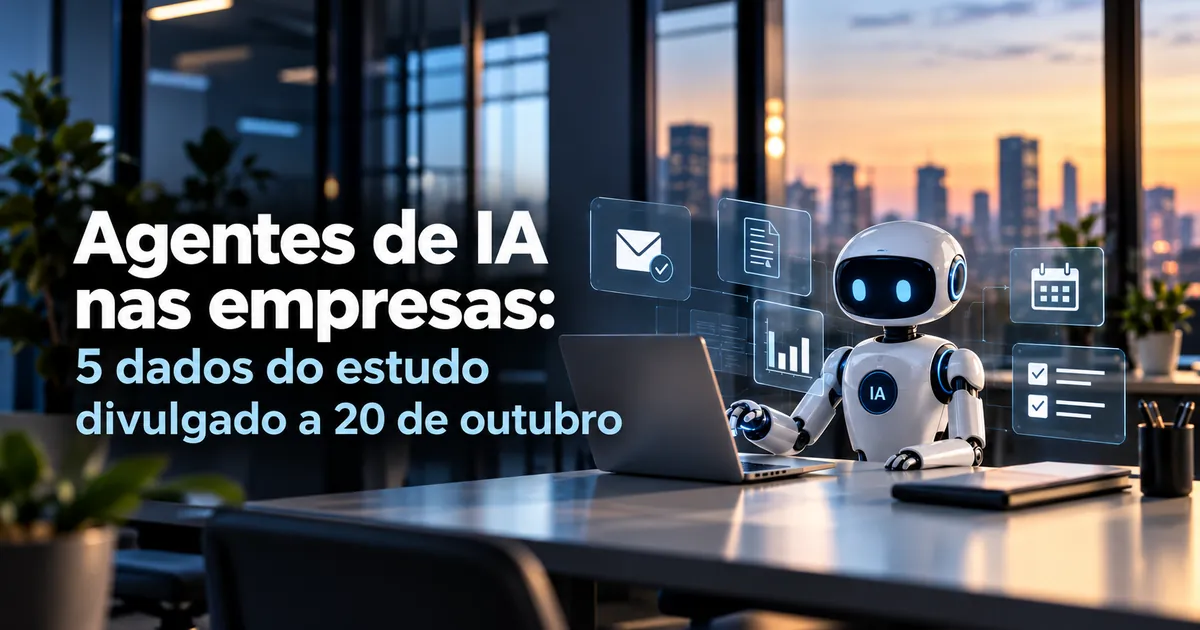 Agentes de IA nas empresas: robô de IA ao lado de um portátil com ícones de email, documento, calendário e tarefas