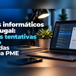 Banner sobre ataques informáticos em Portugal: 61 % mais tentativas num ano e 5 medidas para a PME, com um portátil com um alerta