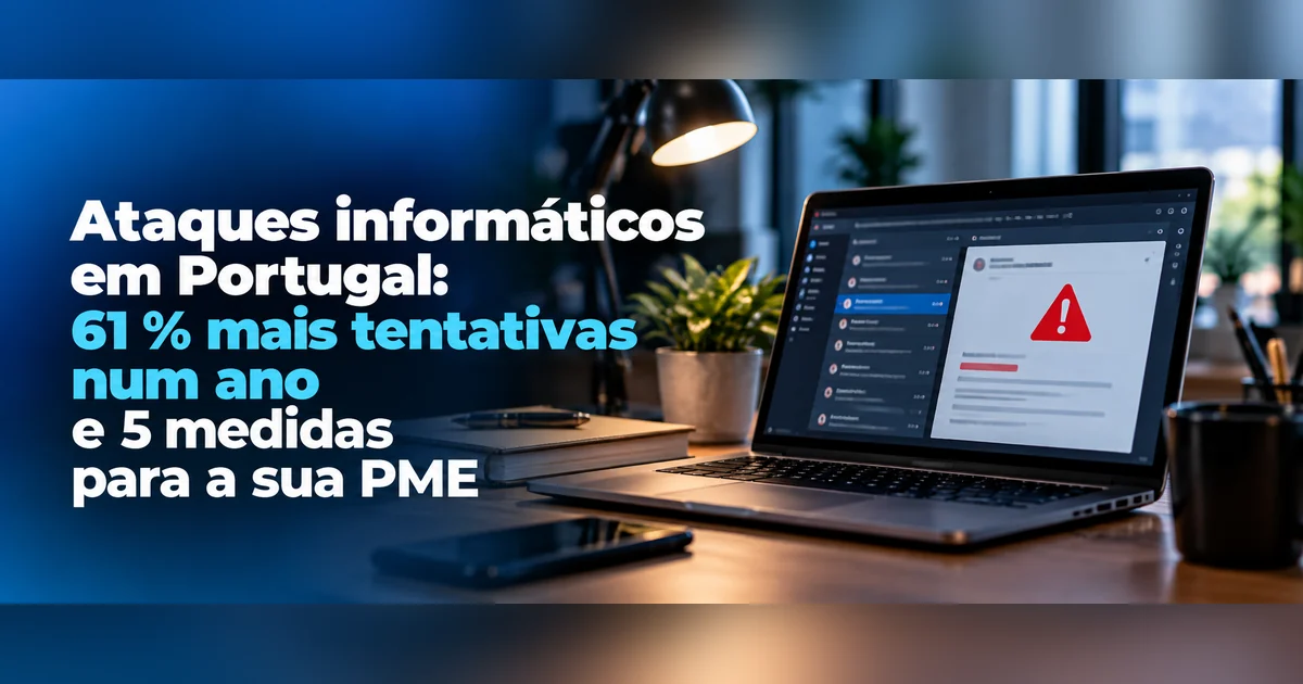 Banner sobre ataques informáticos em Portugal: 61 % mais tentativas num ano e 5 medidas para a PME, com um portátil com um alerta