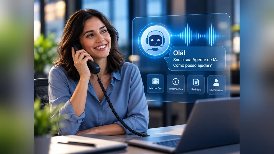 Profissional sorridente ao telefone, com um painel de agente de inteligência artificial a atender a chamada