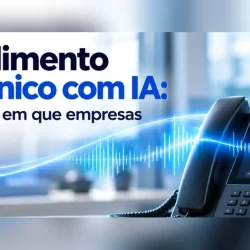 Telefone de secretária com ecrã a mostrar um atendimento telefónico com IA e ondas de som em azul