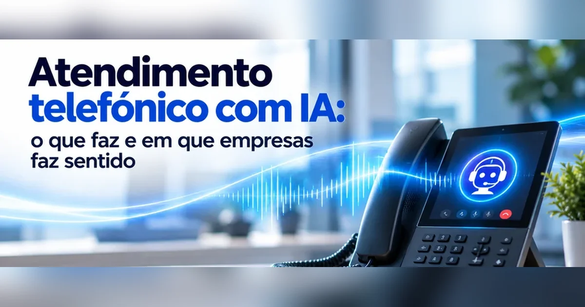 Telefone de secretária com ecrã a mostrar um atendimento telefónico com IA e ondas de som em azul