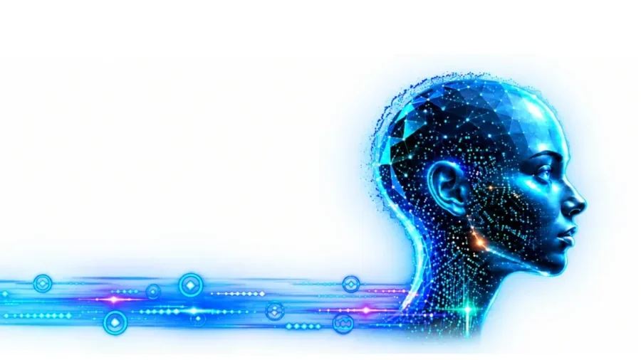 Cabeça digital azul formada por pontos de luz, a representar a inteligência artificial