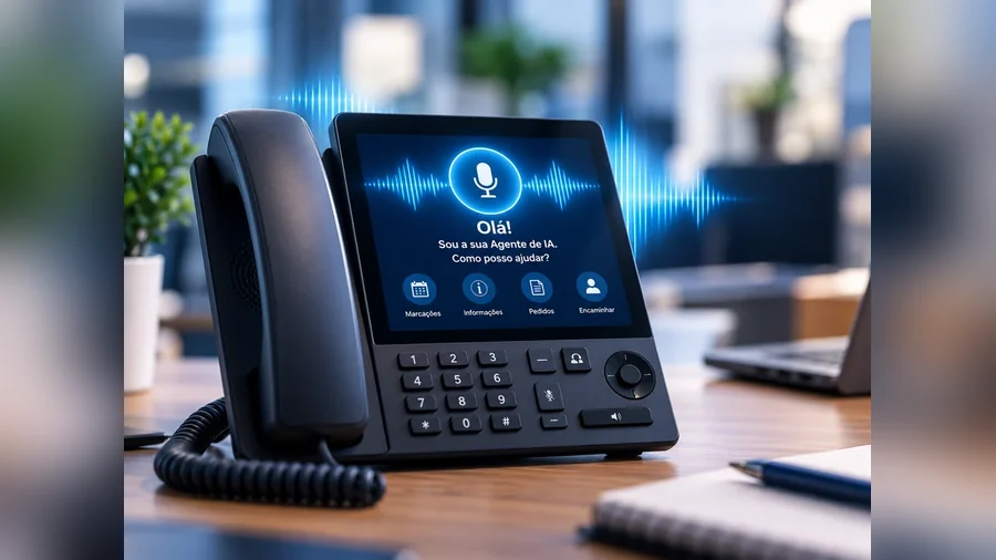 Telefone de secretária com ecrã a mostrar um atendimento automático com inteligência artificial