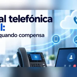 Telefone fixo, portátil e telemóvel ligados a uma nuvem que representa a central telefónica virtual