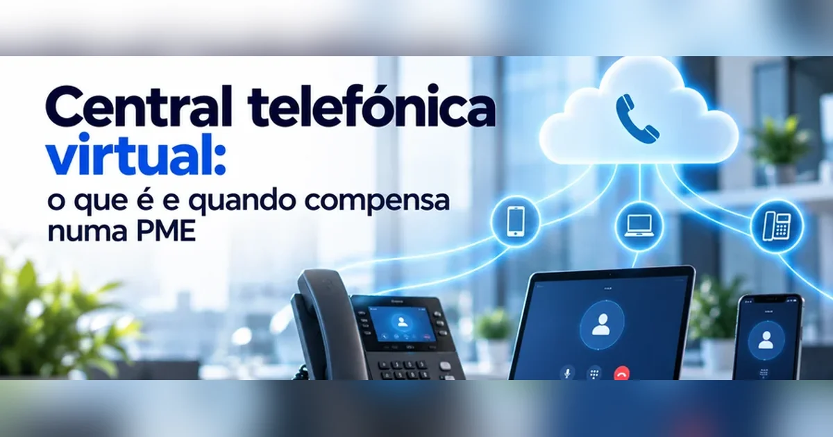 Telefone fixo, portátil e telemóvel ligados a uma nuvem que representa a central telefónica virtual