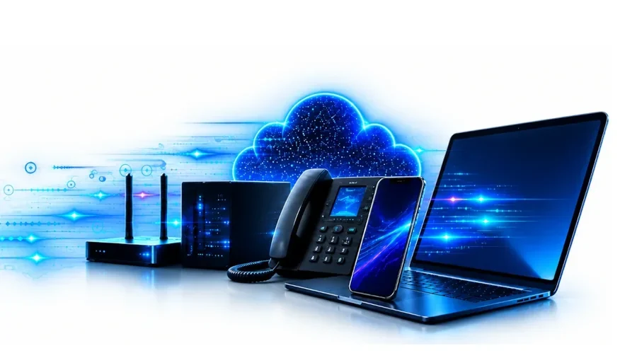 Router, servidor, telefone de secretária, telemóvel e portátil ligados à nuvem