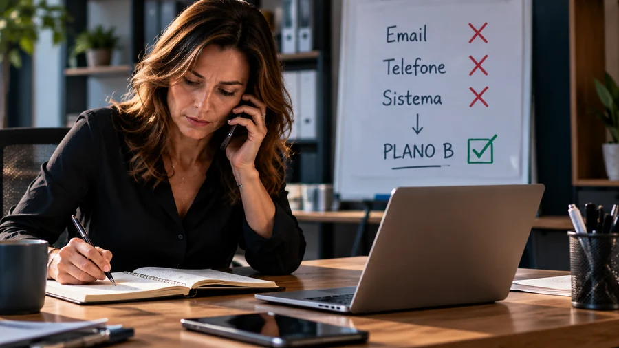 Gestora de PME ao telefone com contactos de reserva e quadro de plano B depois de um ciberataque