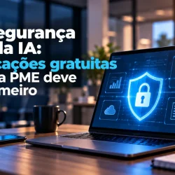 Cibersegurança antes da IA: portátil com um escudo de segurança no ecrã, numa secretária de escritório