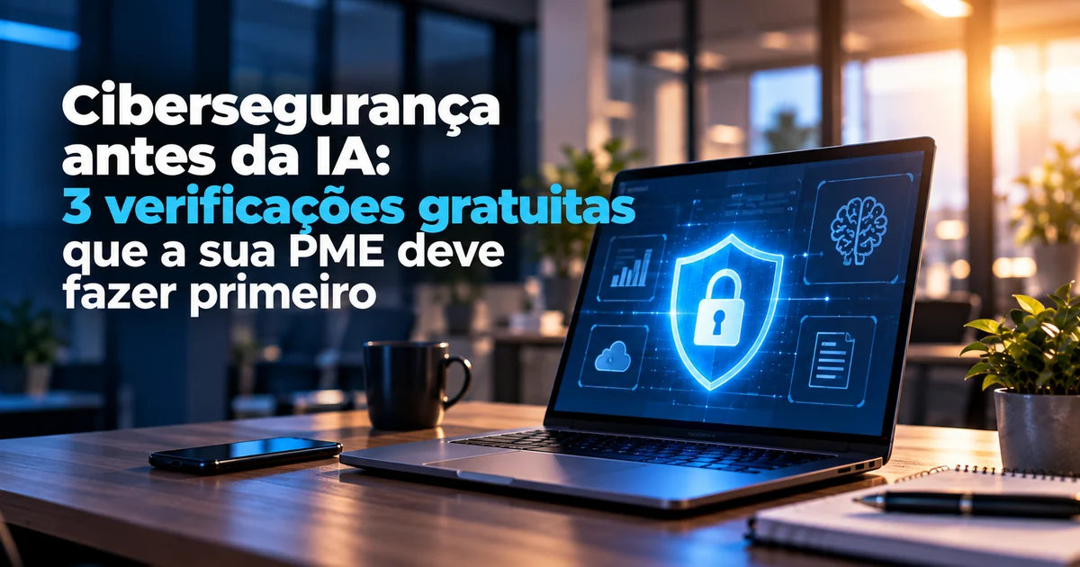 Cibersegurança antes da IA: portátil com um escudo de segurança no ecrã, numa secretária de escritório