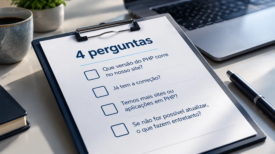 Prancheta com 4 perguntas sobre a falha crítica no PHP, junto a um portátil e a um telemóvel