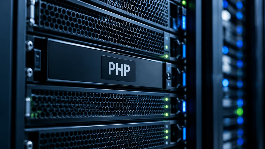 Servidor com a indicação PHP num centro de dados, onde a falha crítica no PHP tem de ser corrigida