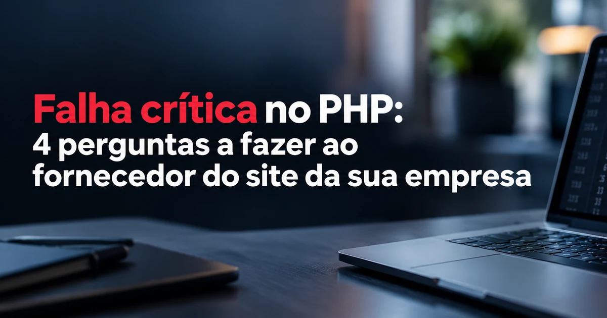 Falha crítica no PHP: portátil com código e um sinal de aviso vermelho no ecrã