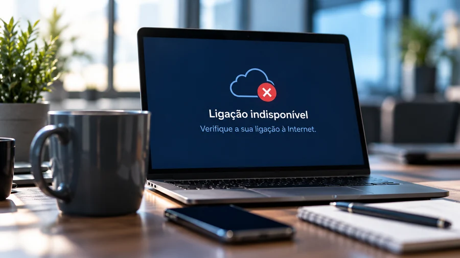 Portátil com aviso de ligação indisponível durante uma falha informática numa empresa