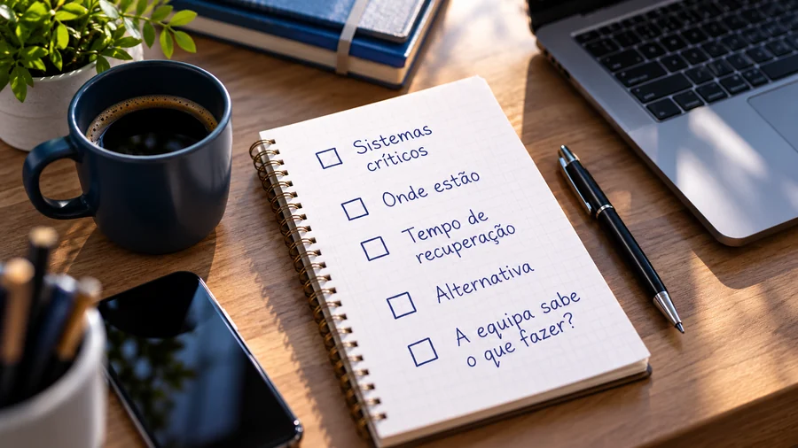 Caderno com a lista de 5 perguntas para o plano B da empresa em caso de falha informática
