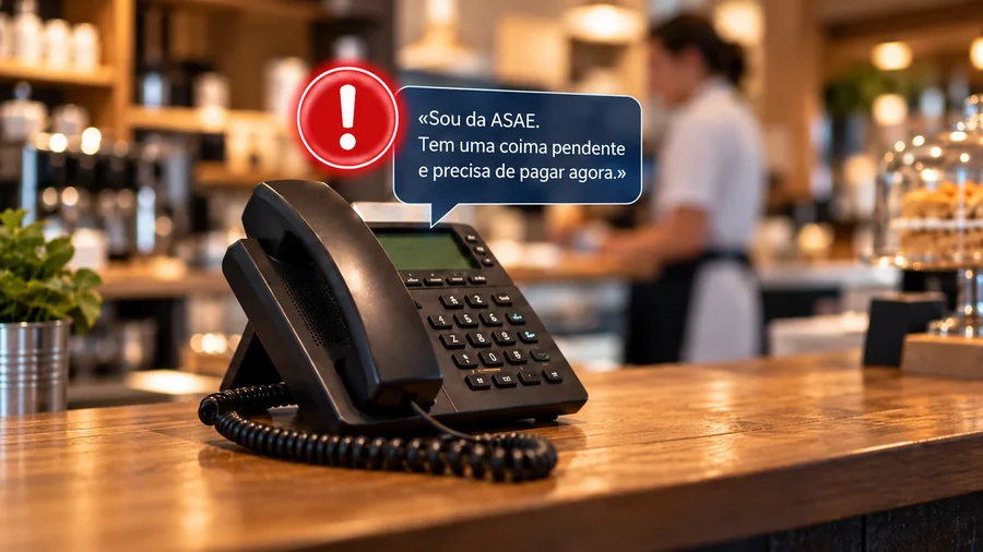 Telefone fixo no balcão de um café com o aviso de um falso inspetor da ASAE a exigir o pagamento imediato de uma coima