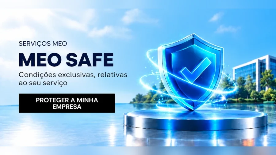 Banner MEO SAFE com um escudo azul e o botão «Proteger a minha empresa»