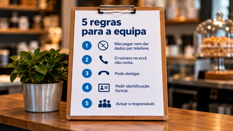 Cartaz com as 5 regras para a equipa perante um falso inspetor ao telefone, num balcão de café