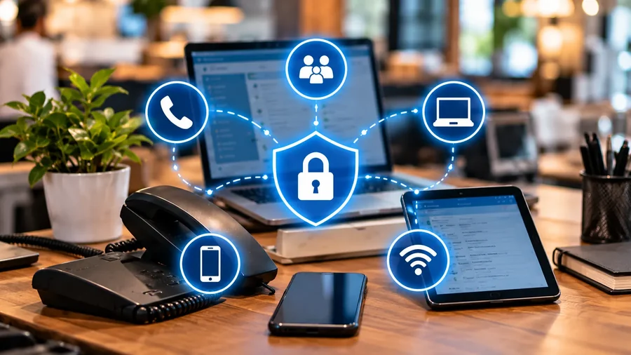 Telefone fixo, telemóvel, portátil e tablet numa secretária, com ícones de proteção e de ligação segura
