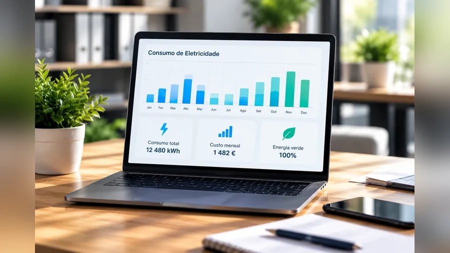 Portátil com o gráfico do consumo mensal de eletricidade da empresa, em kWh e em euros