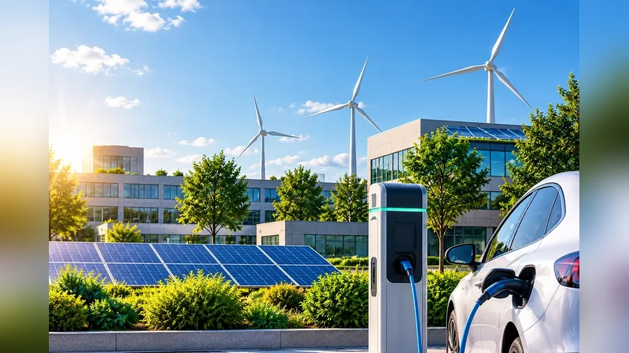 Painéis solares, turbinas eólicas e um carro elétrico a carregar junto a edifícios de escritórios