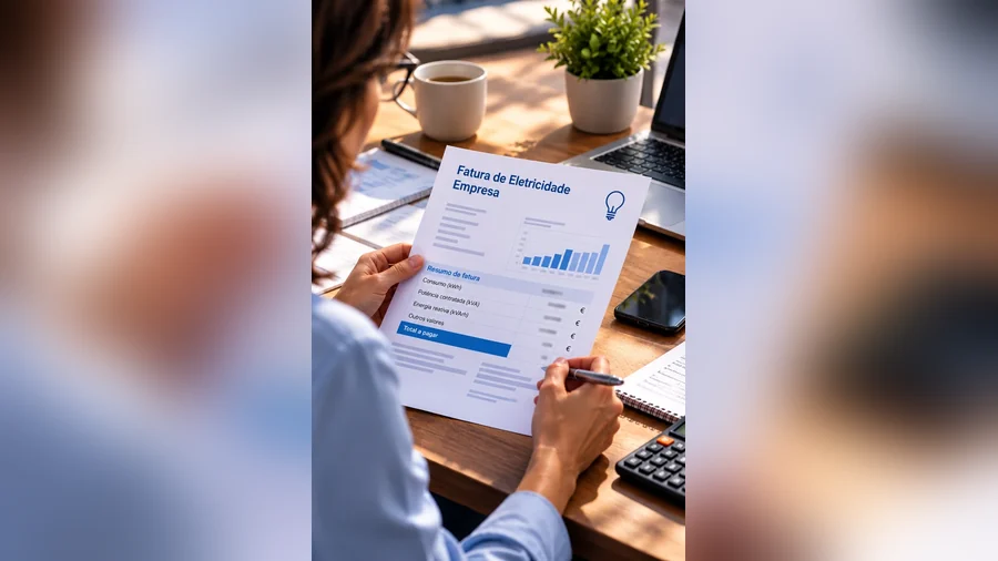 Gestora a analisar uma fatura de eletricidade da empresa, com consumo, potência contratada e energia reativa