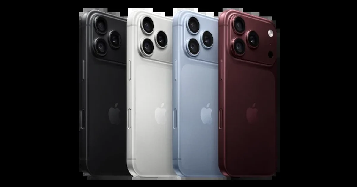 Quatro iPhone 18 Pro vistos de trás, em preto, prata, azul e bordeaux, sobre fundo preto