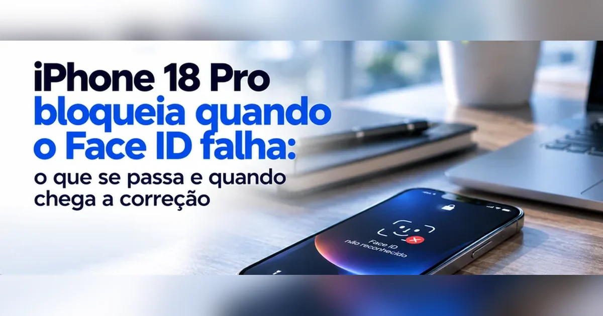 iPhone 18 Pro pousado numa secretária de escritório com a mensagem Face ID não reconhecido no ecrã