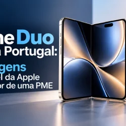 iPhone Duo, o primeiro dobrável da Apple, aberto e visto de trás, com o título do artigo sobre as vantagens para a PME