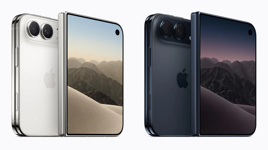 iPhone Duo dobrável em branco e em azul-escuro, visto de trás com as duas câmaras e de frente com o ecrã exterior