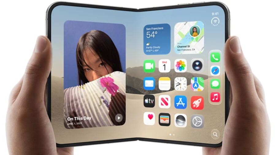 Duas mãos a segurar o iPhone Duo aberto, com o ecrã interior a mostrar widgets e aplicações