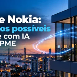 MEO e Nokia: escritório de uma PME iluminado ao entardecer, com a ligação à rede representada por traços de luz azuis
